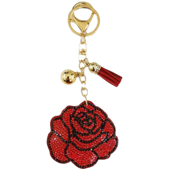 BLING RHINESTONE RED ROSE PUFFY TASSLE KEYCHAIN PURSE CHARM - Picture 1 of 2